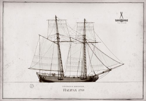 1768 Continental Schooner Halifax pen ink study by Tony Fernandes